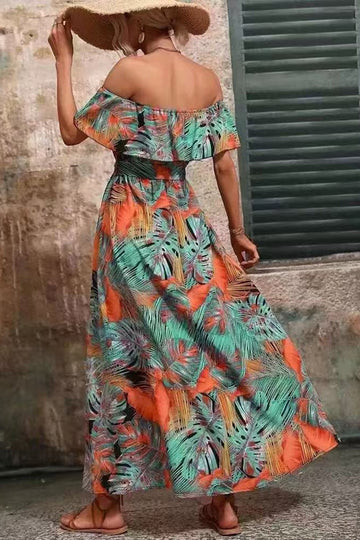 Green Orange Printed Off The Shoulder Long Summer Dress with Slit